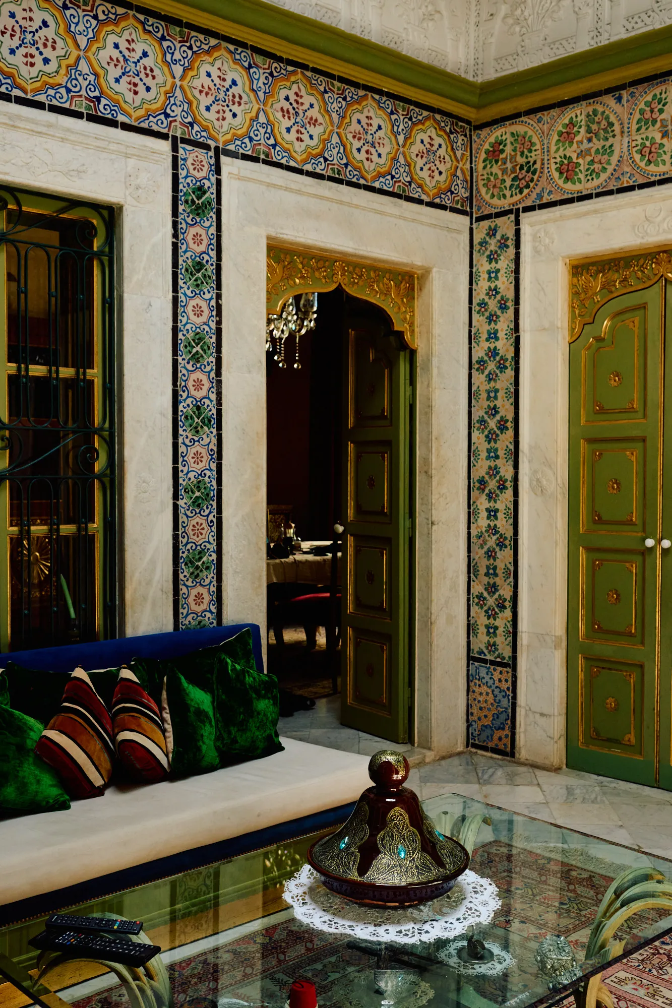 A tiled salon opening onto the patio.